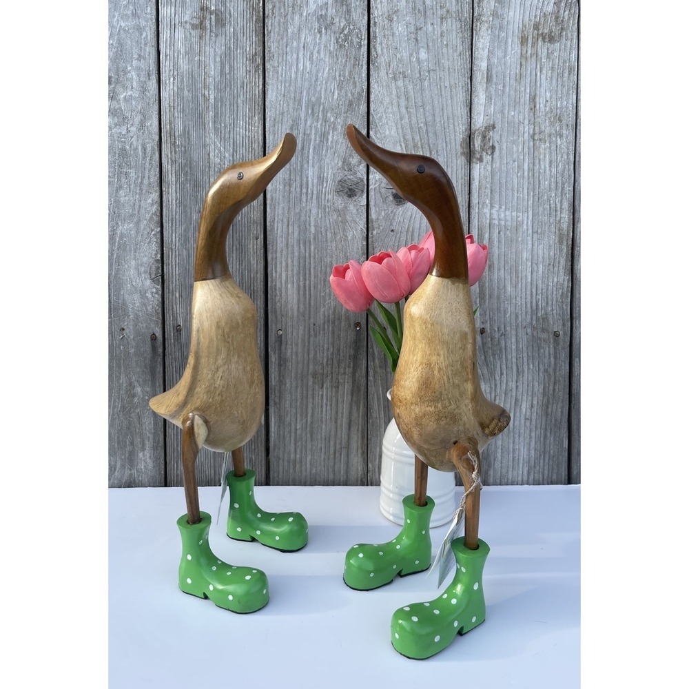 Pair of Hand Carved Wooden Ducks with Green Polka Dot Boots Farmhouse Decor Set - Picture 6 of 6
